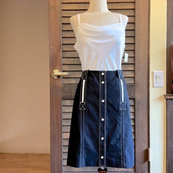 Joseph Ribkoff Black Snap Front Skirt with White Top Stitching - Picture 12 of 12
